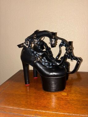 Black Platform Mary Jane Heels with Heart Buckle Straps